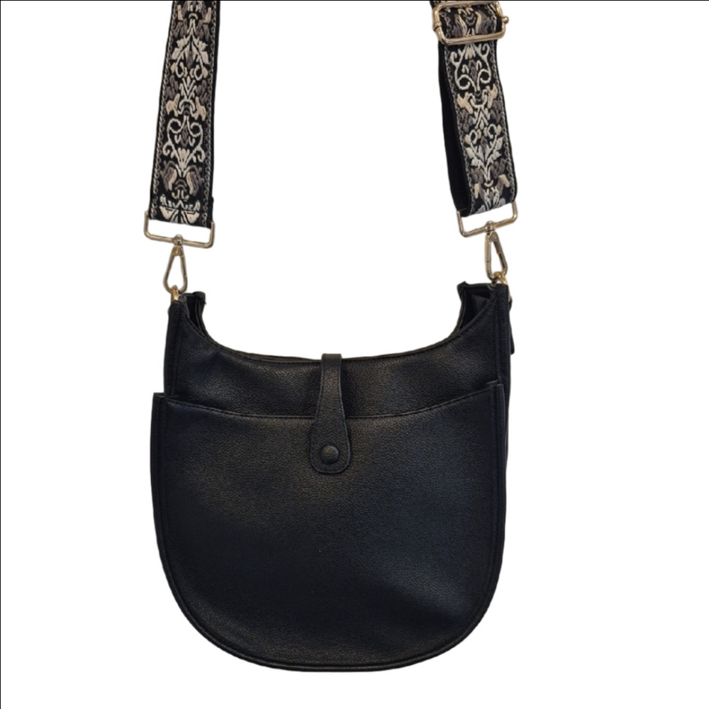 Ah-domed Black Shoulder Or Crossbody Bag with Print Strap, Vegan Pebbled Leather